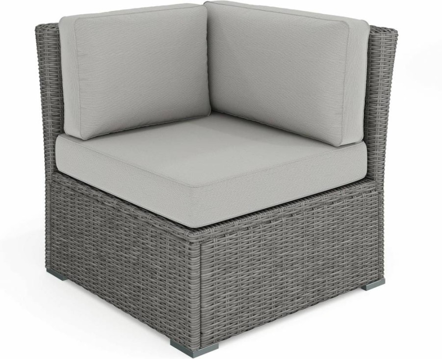 Martha Stewart Bedford Modular Sectional Sofa - Brown Rattan Wicker Indoor-Outdoor Patio Furniture with Tan All-Weather Cushions