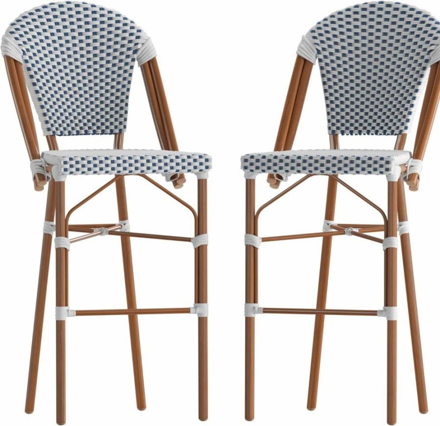 Flash Furniture 30" Stackable Bistro Bar Stools, Set of 2 - White/Gray & Bamboo Finish, Commercial Grade for Indoor/Outdoor Use