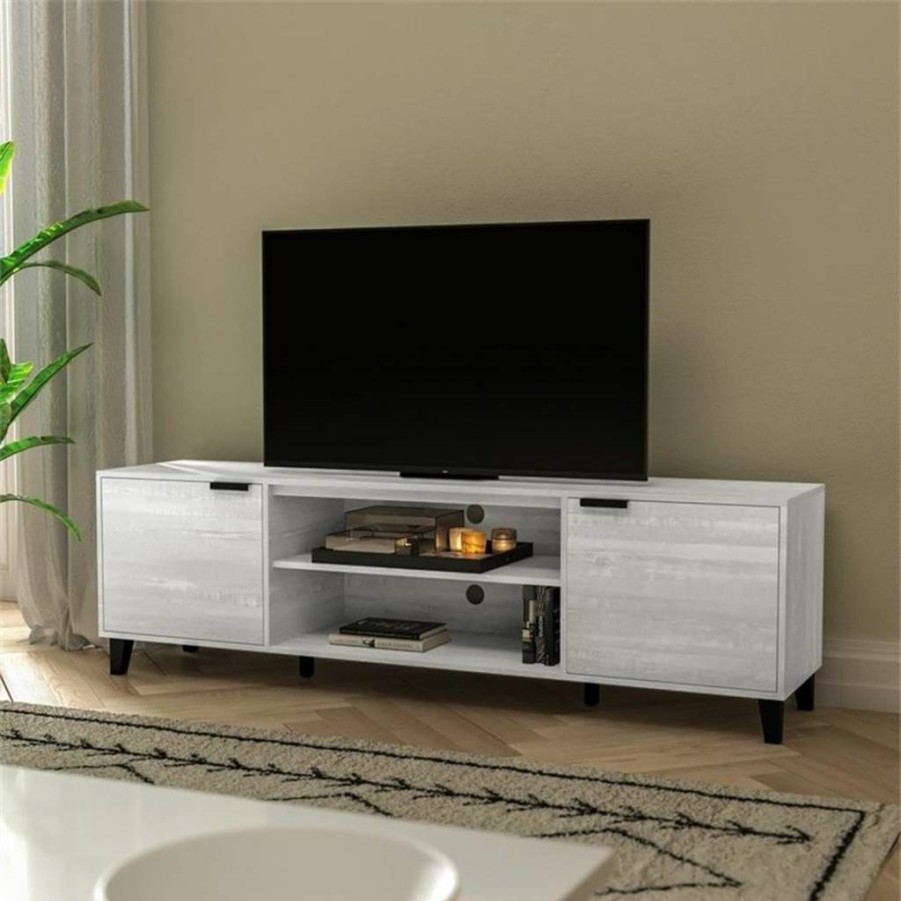 Flash Furniture 70" Mid Century Modern TV Stand with Adjustable Shelves, Open & Closed Storage, Gray Finish for Up to 60" TVs