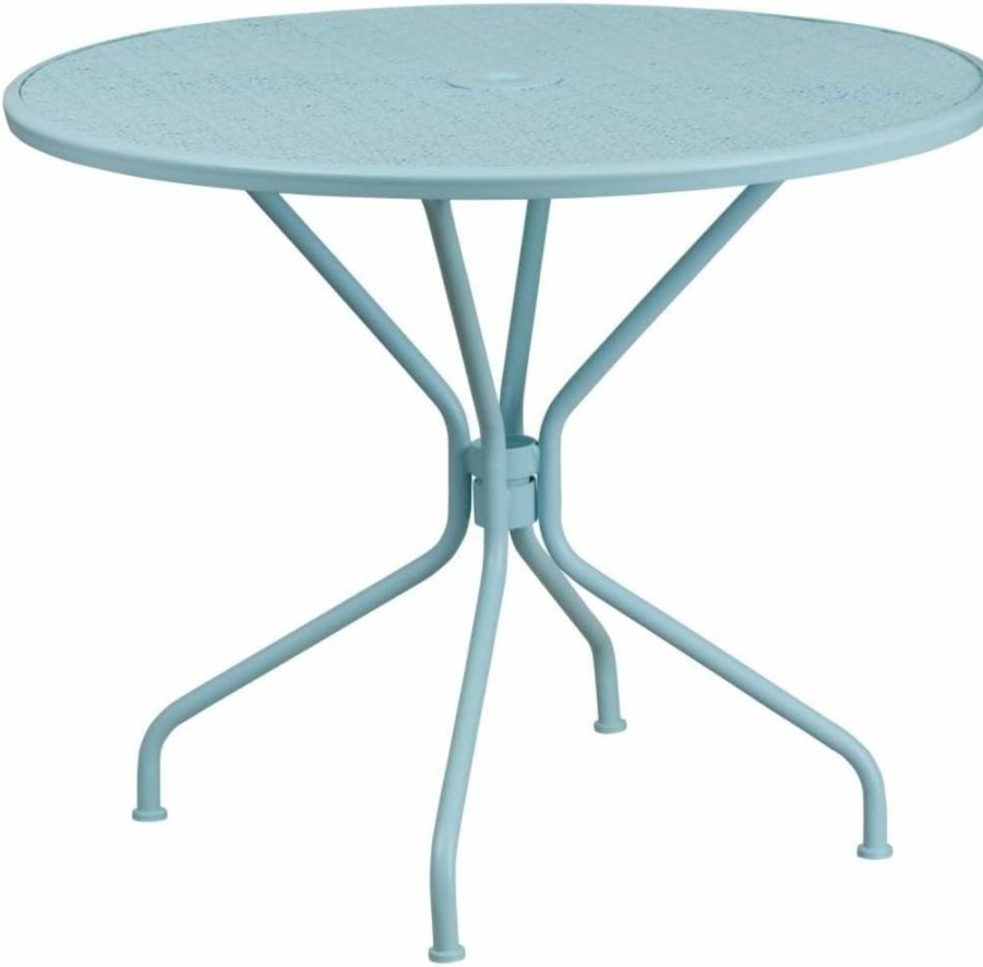 Flash Furniture 35-inch Round White Steel Patio Table with Umbrella Hole – Indoor-Outdoor Commercial Grade Dining Table