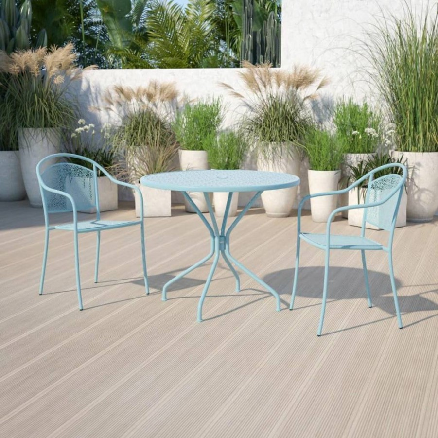 Flash Furniture 35-inch Round White Steel Patio Table with Umbrella Hole – Indoor-Outdoor Commercial Grade Dining Table