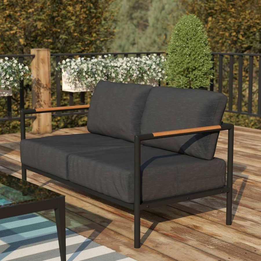 Flash Furniture Modern Black Aluminum Loveseat with Teak Accent Arms & Charcoal Cushions for Indoor/Outdoor Use