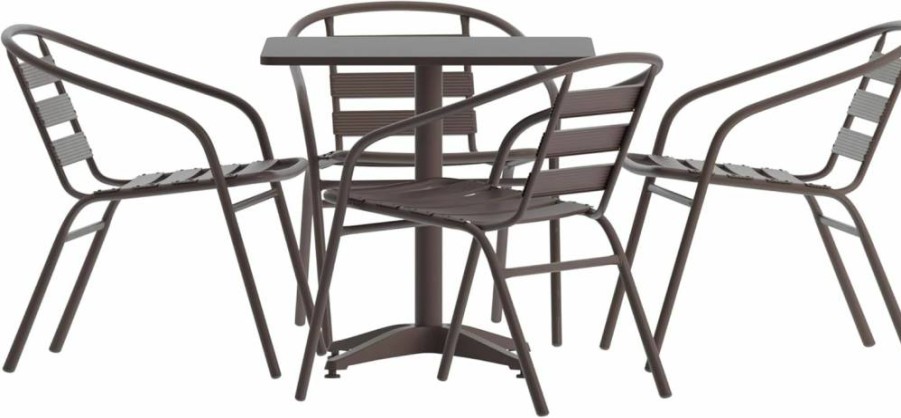 Flash Furniture 5-Piece Outdoor Dining Set - Silver Aluminum Square Table with 4 Slat Back Chairs, Patio Bistro Set for Indoor/Outdoor Use