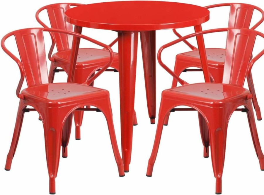 Flash Furniture 30-Inch Round Blue Metal Patio Dining Set with 4 Armchairs for Indoor & Outdoor Use