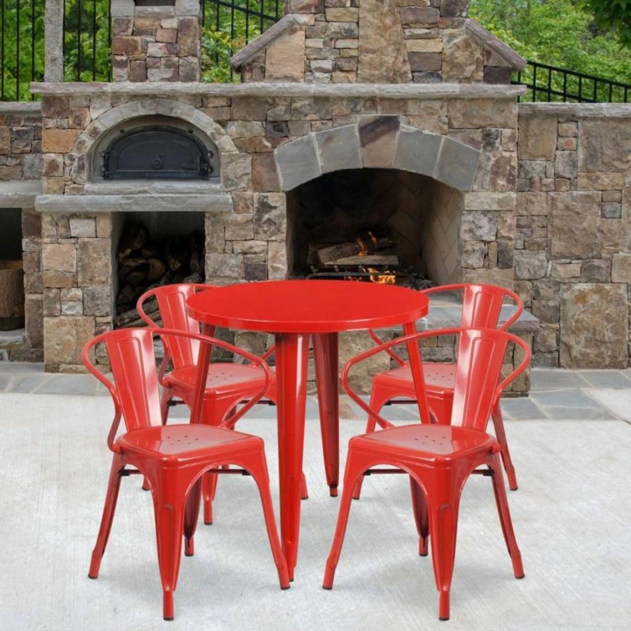 Flash Furniture 30-Inch Round Blue Metal Patio Dining Set with 4 Armchairs for Indoor & Outdoor Use