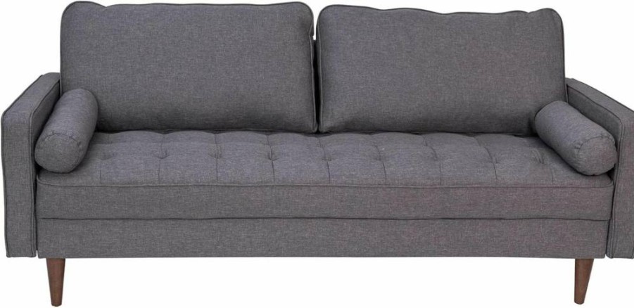 Flash Furniture Mid-Century Modern Loveseat - Slate Gray Faux Linen Upholstery, Buttonless Tufted Design with Wooden Legs - Stylish Hudson Collection