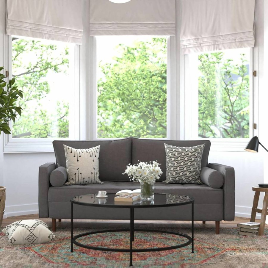 Flash Furniture Mid-Century Modern Loveseat - Slate Gray Faux Linen Upholstery, Buttonless Tufted Design with Wooden Legs - Stylish Hudson Collection