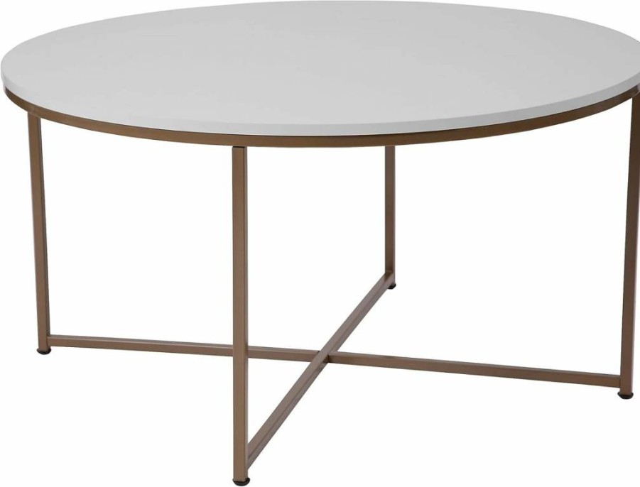 Flash Furniture Hampstead Modern Coffee Table - White Finish with Brushed Gold Crisscross Frame