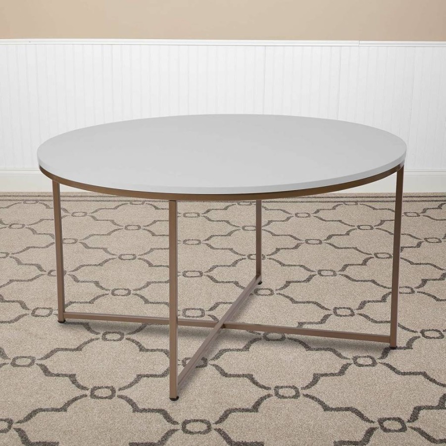Flash Furniture Hampstead Modern Coffee Table - White Finish with Brushed Gold Crisscross Frame