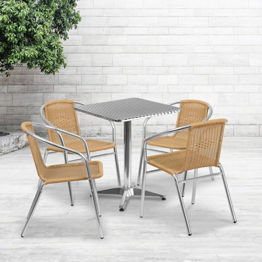 Flash Furniture 23.5" Square Aluminum Patio Dining Set with 4 Beige Rattan Chairs for Indoor-Outdoor Use