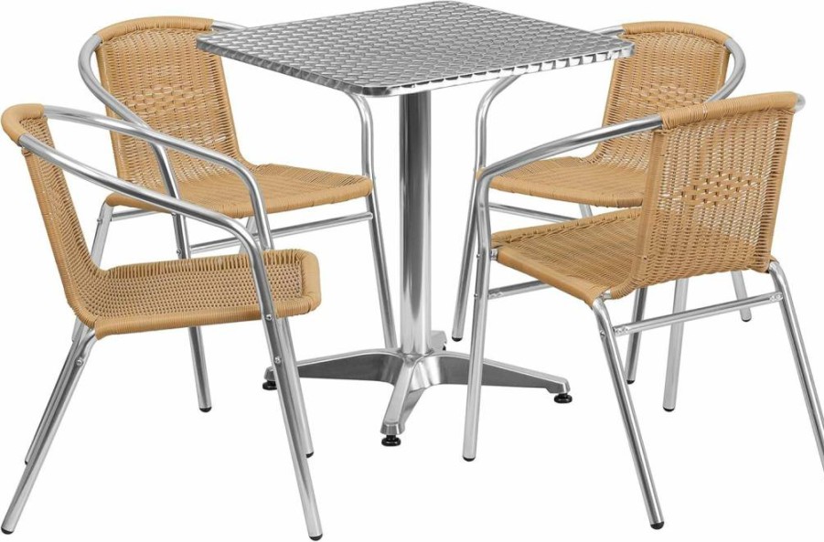 Flash Furniture 23.5" Square Aluminum Patio Dining Set with 4 Beige Rattan Chairs for Indoor-Outdoor Use