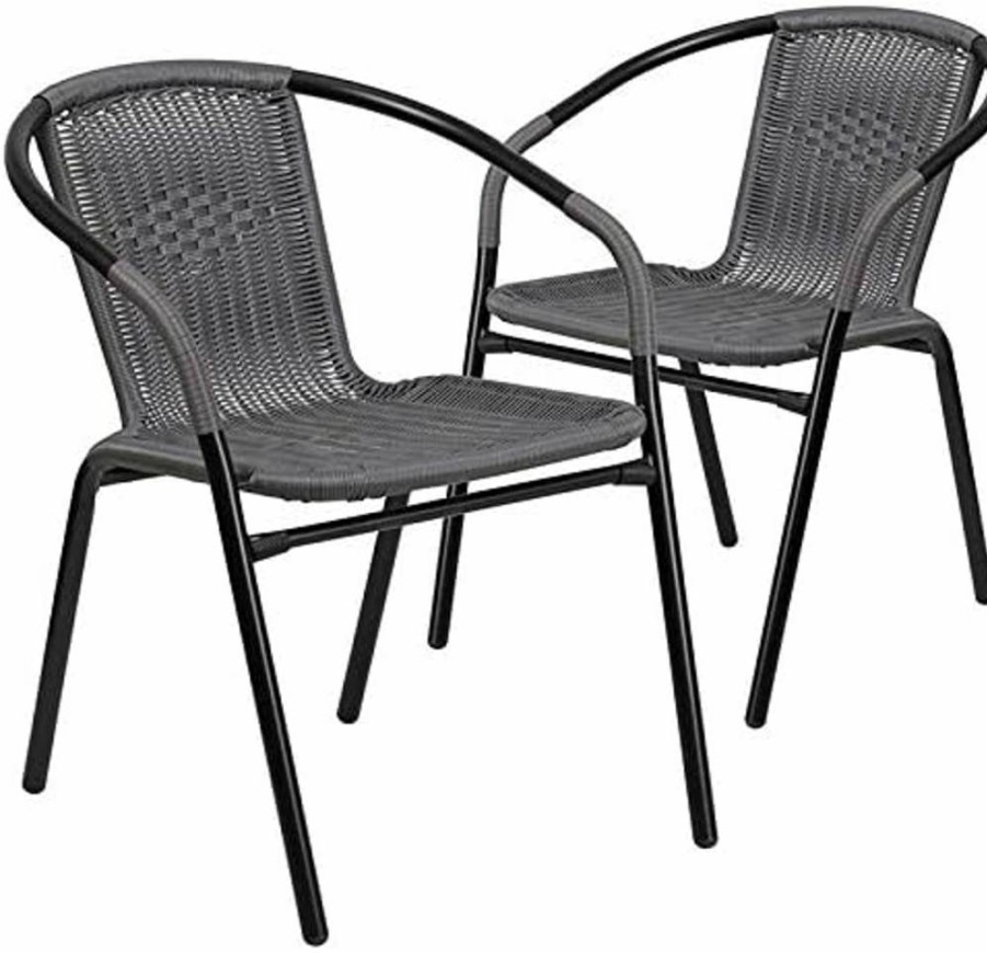 Flash Furniture 2-Pack Black Frame Gray Rattan Chairs for Indoor Outdoor Restaurant Patio Dining