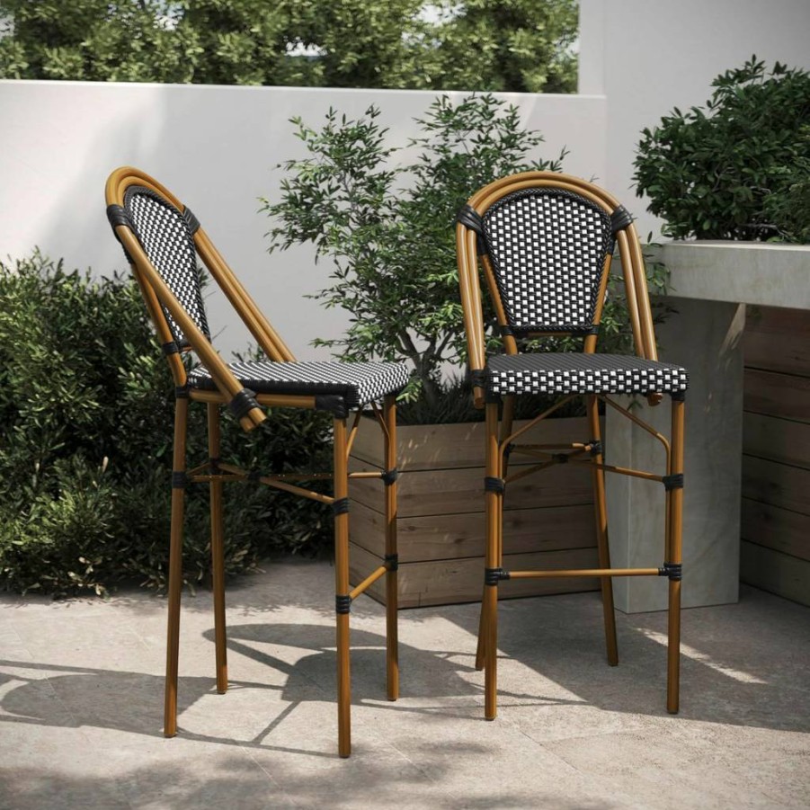 Flash Furniture 30" Stackable Bar Stool, Bordeaux Commercial Bistro Height Indoor/Outdoor Dining Chair, Navy/White & Natural Finish