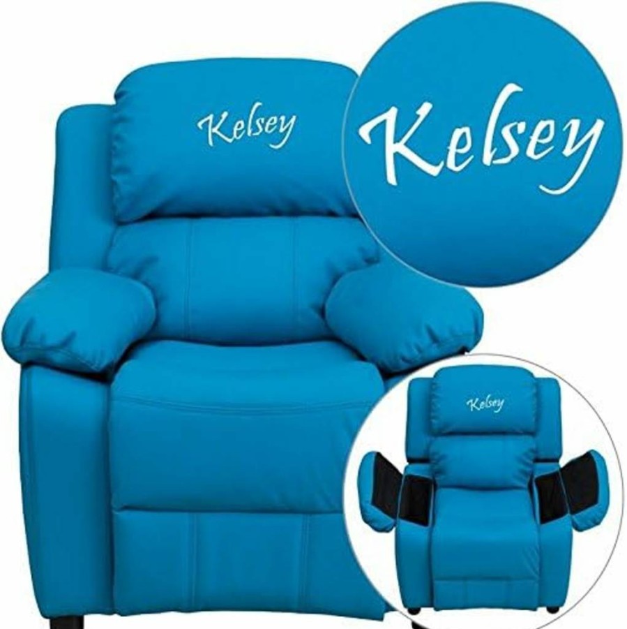 Flash Furniture BT-7985 Kids Turquoise Vinyl Recliner Chair with Storage Arms, Personalized Deluxe Padded Seat