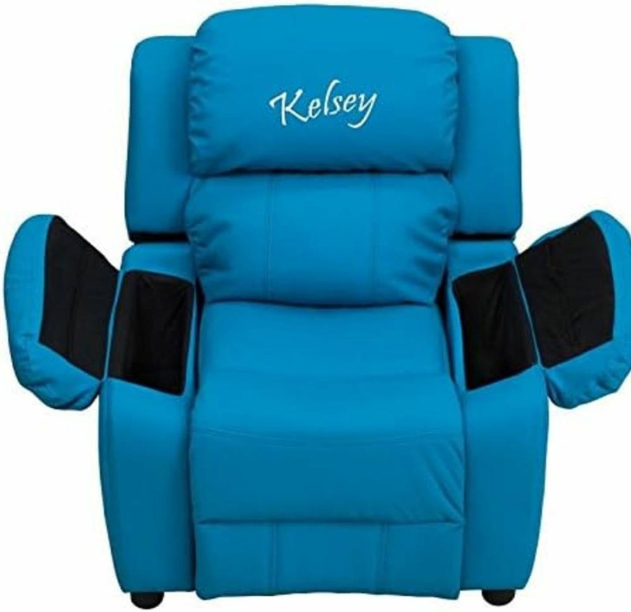 Flash Furniture BT-7985 Kids Turquoise Vinyl Recliner Chair with Storage Arms, Personalized Deluxe Padded Seat