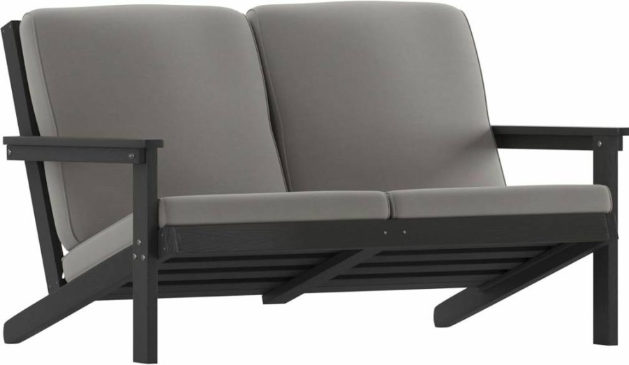 Flash Furniture Charlestown Black Poly Resin Adirondack Loveseat with Charcoal All-Weather Cushions for Patio, Indoor & Outdoor Use