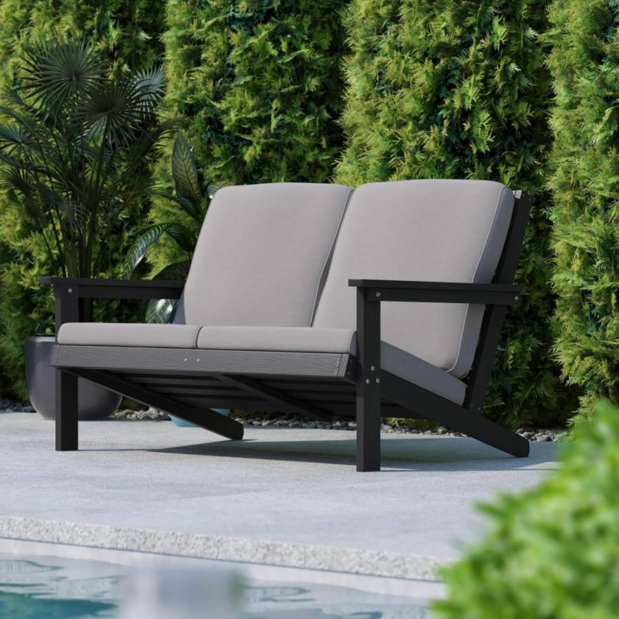 Flash Furniture Charlestown Black Poly Resin Adirondack Loveseat with Charcoal All-Weather Cushions for Patio, Indoor & Outdoor Use