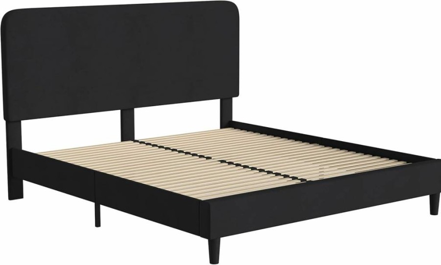 Flash Furniture Addison Twin Platform Bed with Charcoal Fabric Upholstery, Wood Slat Support, and Rounded Edge Headboard - No Box Spring Needed