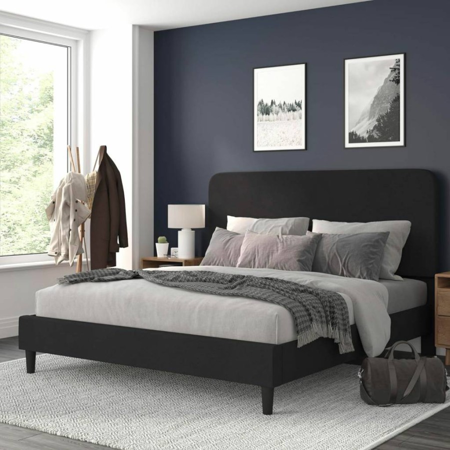 Flash Furniture Addison Twin Platform Bed with Charcoal Fabric Upholstery, Wood Slat Support, and Rounded Edge Headboard - No Box Spring Needed