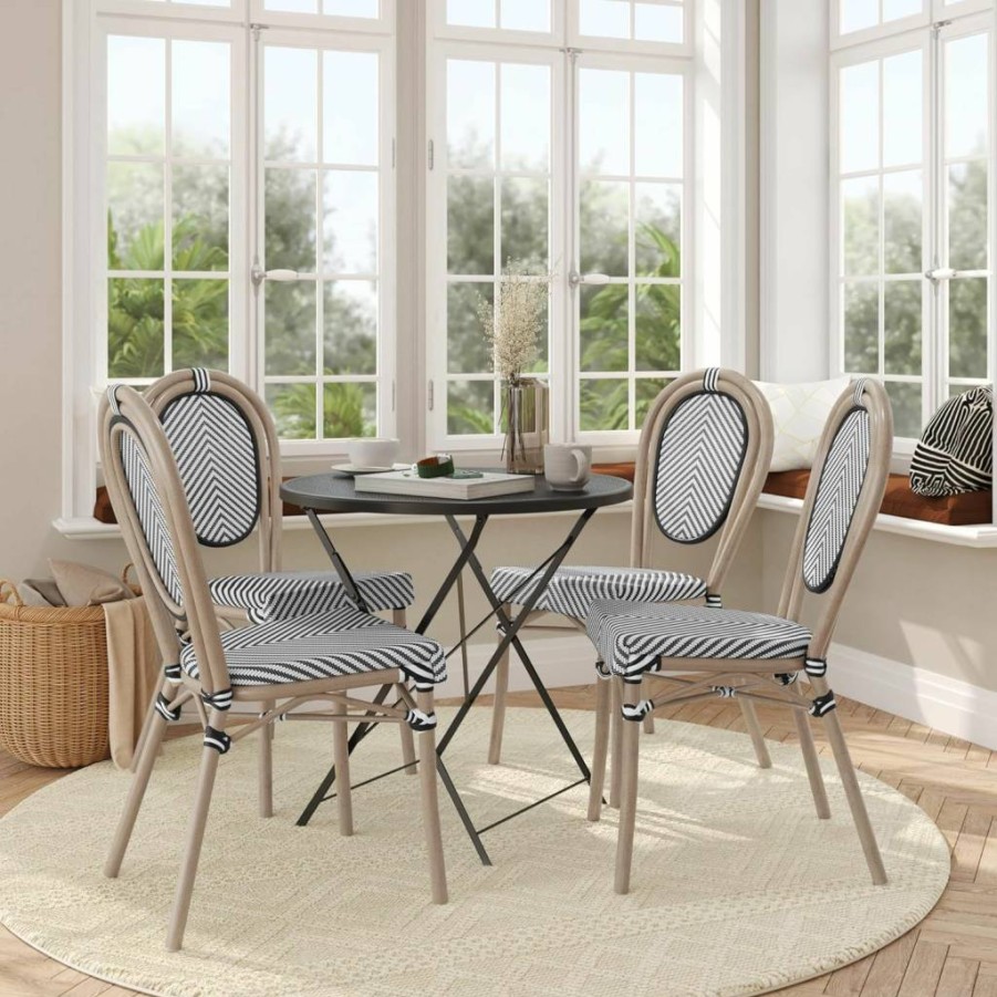 Flash Furniture Marseille 2-Pack Stackable Bistro Chairs - Indoor/Outdoor Textilene Seating with Bamboo Print Metal Frame in Black/White