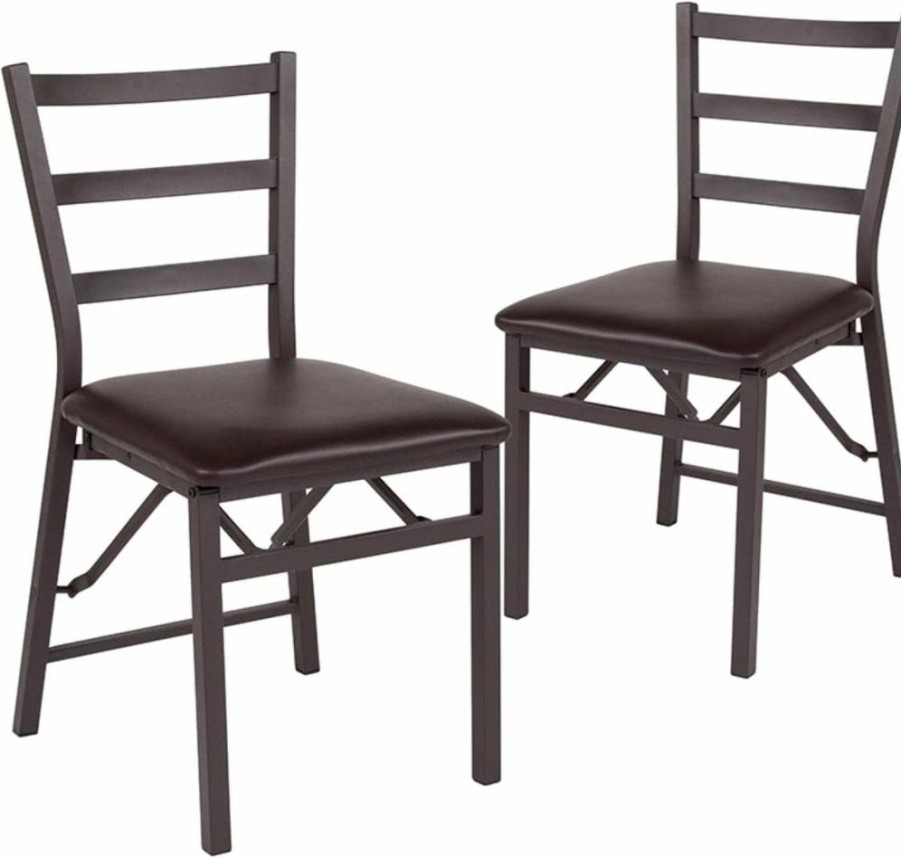Flash Furniture Hercules Series 2-Pack Brown Folding Chairs - Metal Ladder Back with Vinyl Seating