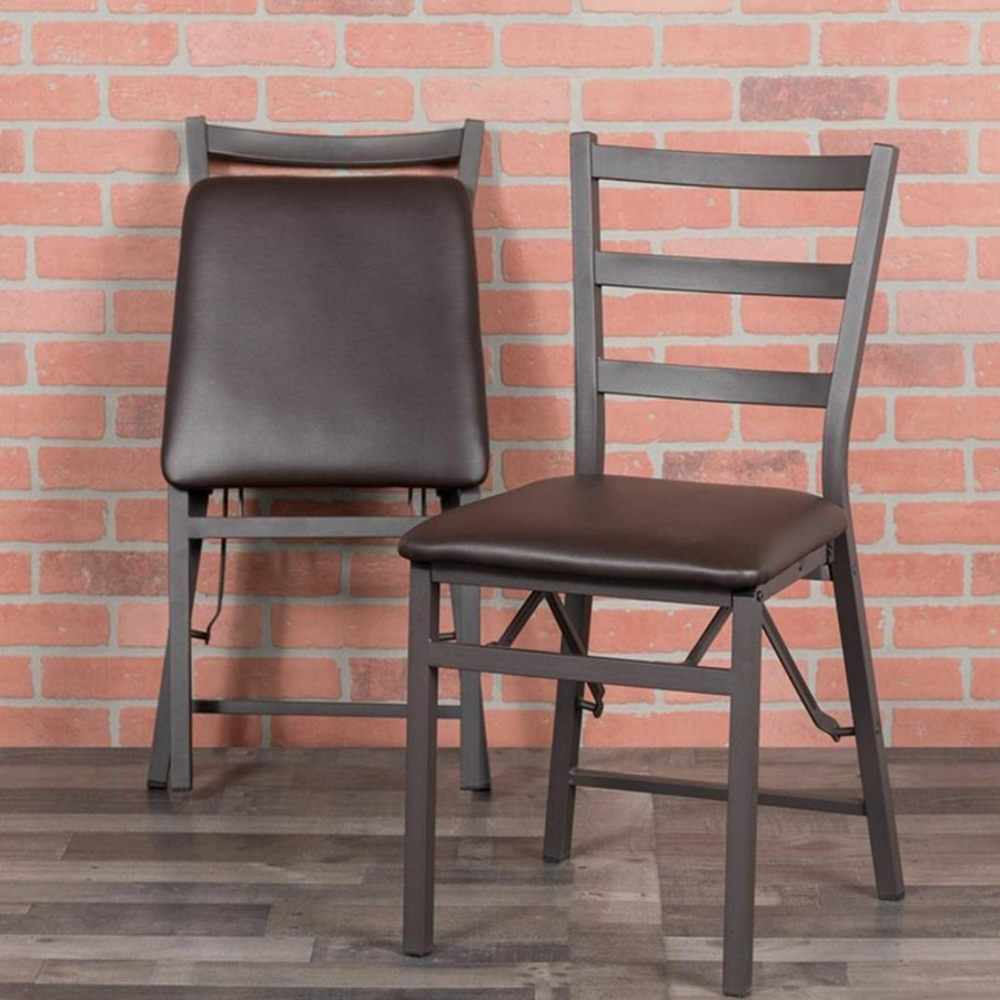 Flash Furniture Hercules Series 2-Pack Brown Folding Chairs - Metal Ladder Back with Vinyl Seating