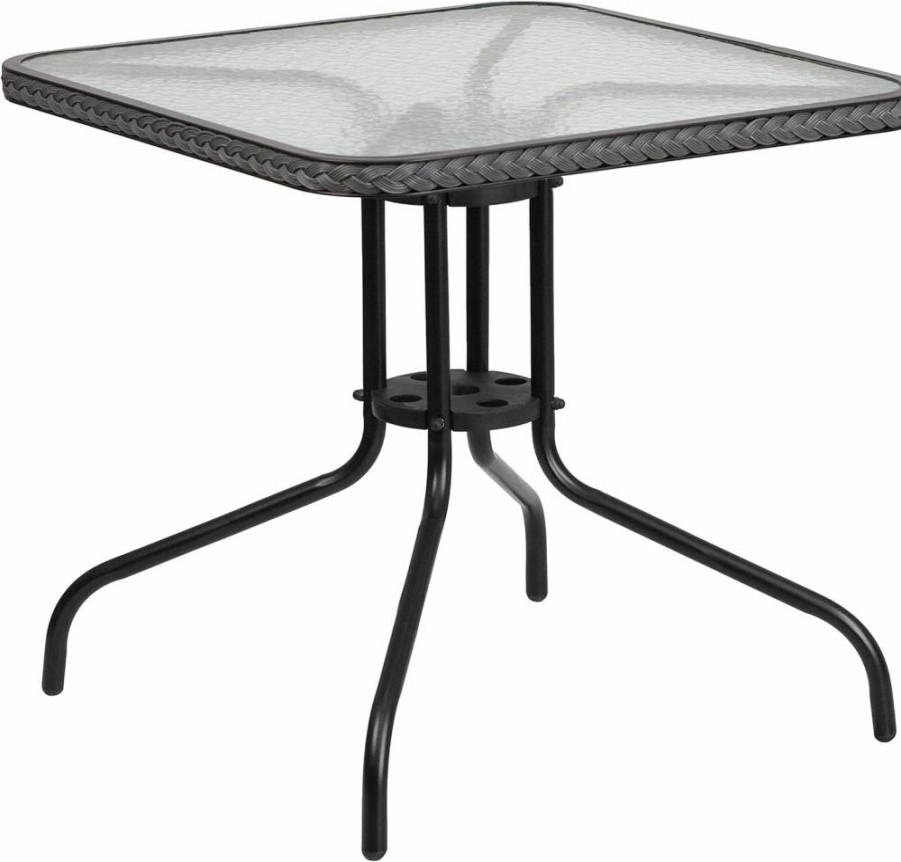 Flash Furniture Barker 28-Inch Square Glass Top Table with Dark Brown Rattan Frame - Modern Metal Base Dining or Bistro Table