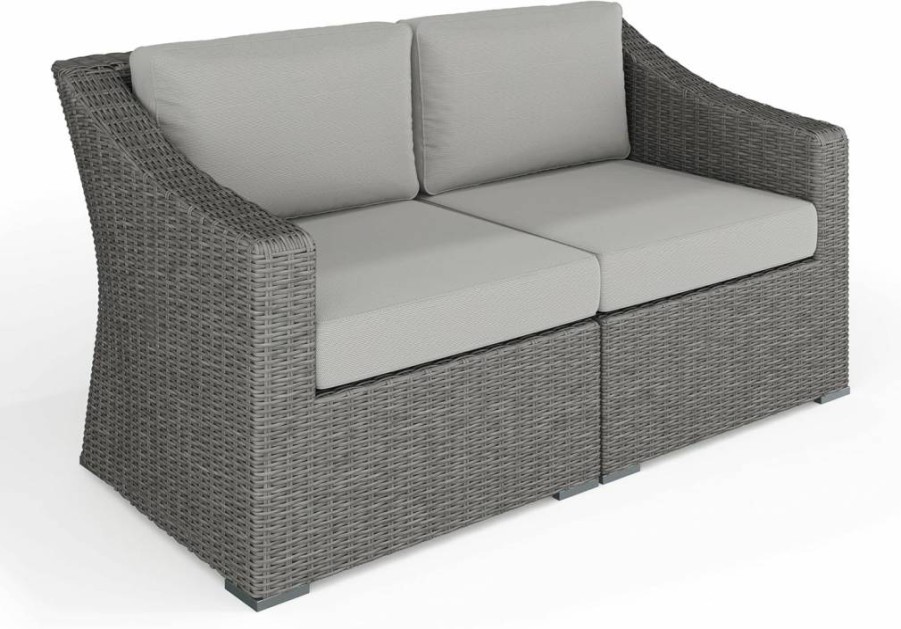 Martha Stewart Bedford Modular Loveseat - Brown Rattan Wicker Indoor-Outdoor Patio Sofa with Tan All-Weather Cushions