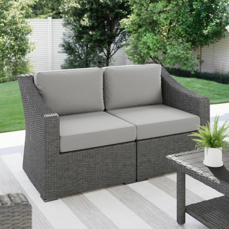 Martha Stewart Bedford Modular Loveseat - Brown Rattan Wicker Indoor-Outdoor Patio Sofa with Tan All-Weather Cushions