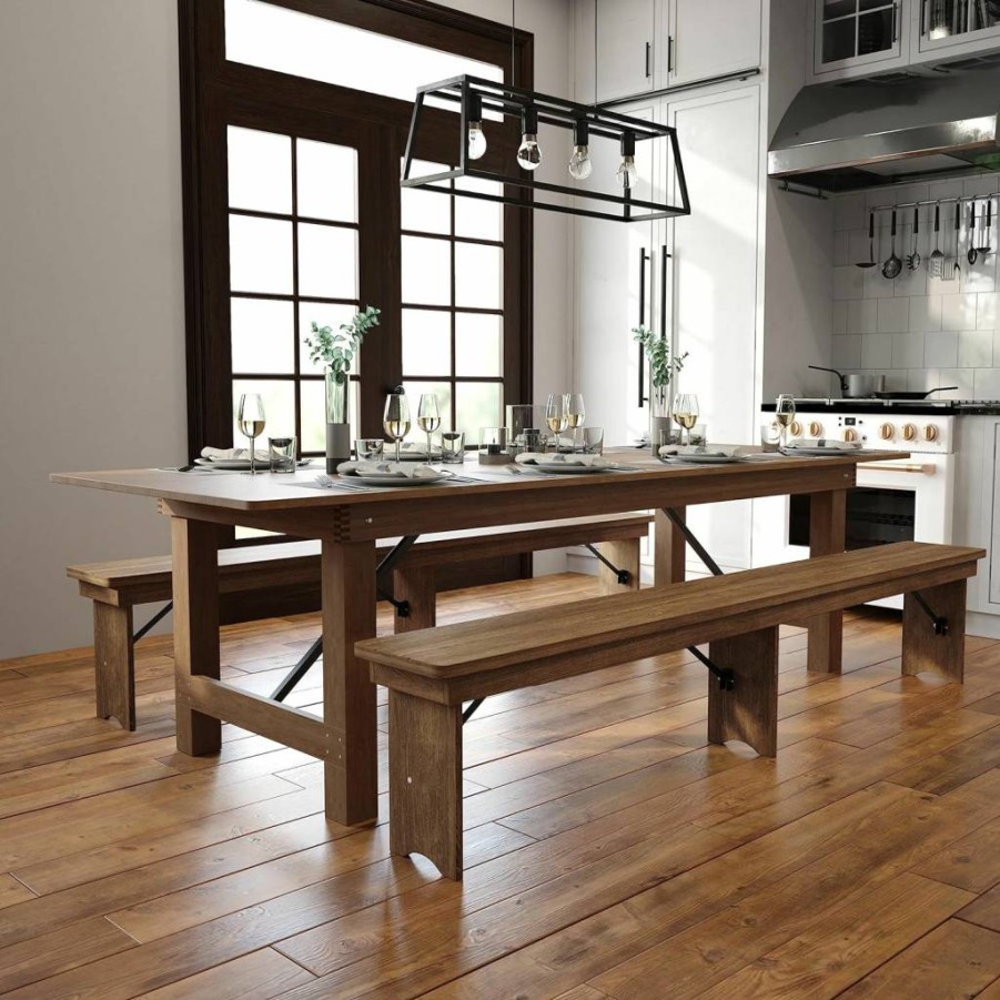 Flash Furniture Hercules Series 9-Foot Rectangular Solid Pine Folding Table - Rustic Antique Farmhouse Style Extendable Dining & Event Table