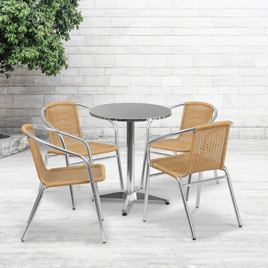 Flash Furniture 23.5" Round Lila Aluminum Patio Dining Set with 4 Black Rattan Chairs for Indoor-Outdoor Use