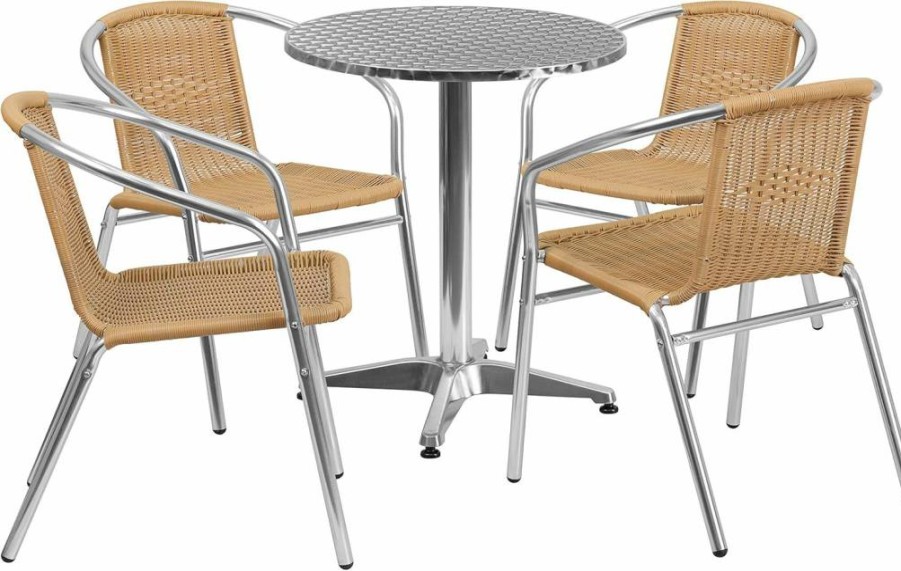Flash Furniture 23.5" Round Lila Aluminum Patio Dining Set with 4 Black Rattan Chairs for Indoor-Outdoor Use