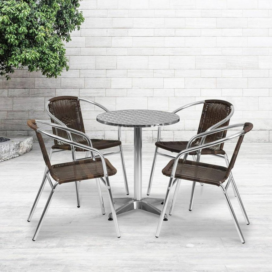 Flash Furniture 23.5" Round Lila Aluminum Patio Dining Set with 4 Black Rattan Chairs for Indoor-Outdoor Use