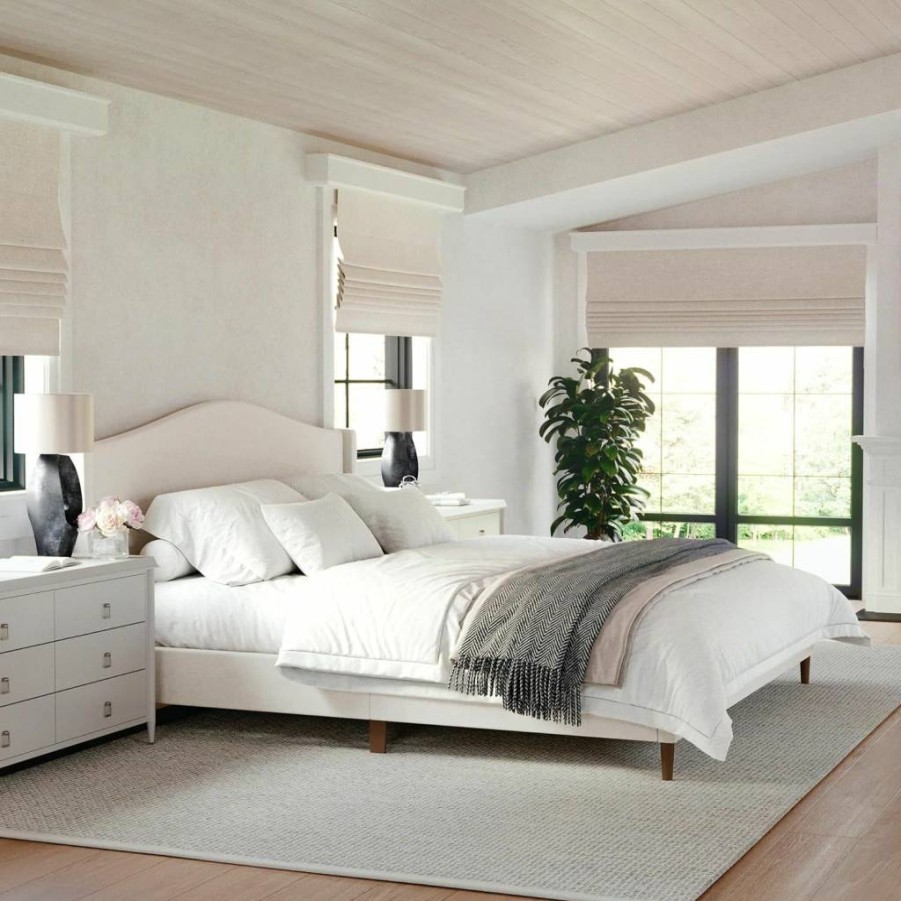 Martha Stewart Amelia Queen Platform Bed - Upholstered Headboard, Cushioned Rails, Wood Slats, No Box Spring, Gray Faux Linen Fabric