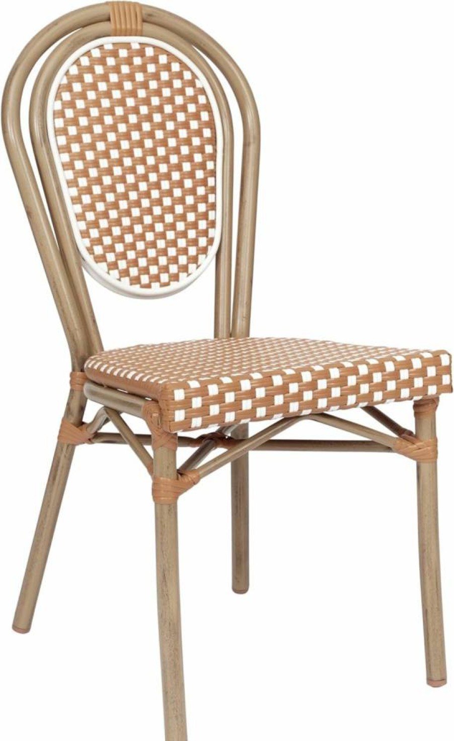 Flash Furniture 4-Pack Lourdes Stackable Bistro Chairs, Indoor/Outdoor Rattan Seating with Bamboo Print Metal Frame, White & Natural Commercial Dining Chairs