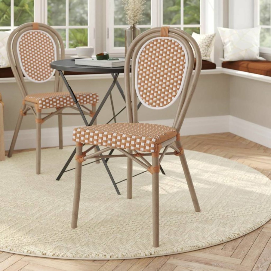 Flash Furniture 4-Pack Lourdes Stackable Bistro Chairs, Indoor/Outdoor Rattan Seating with Bamboo Print Metal Frame, White & Natural Commercial Dining Chairs