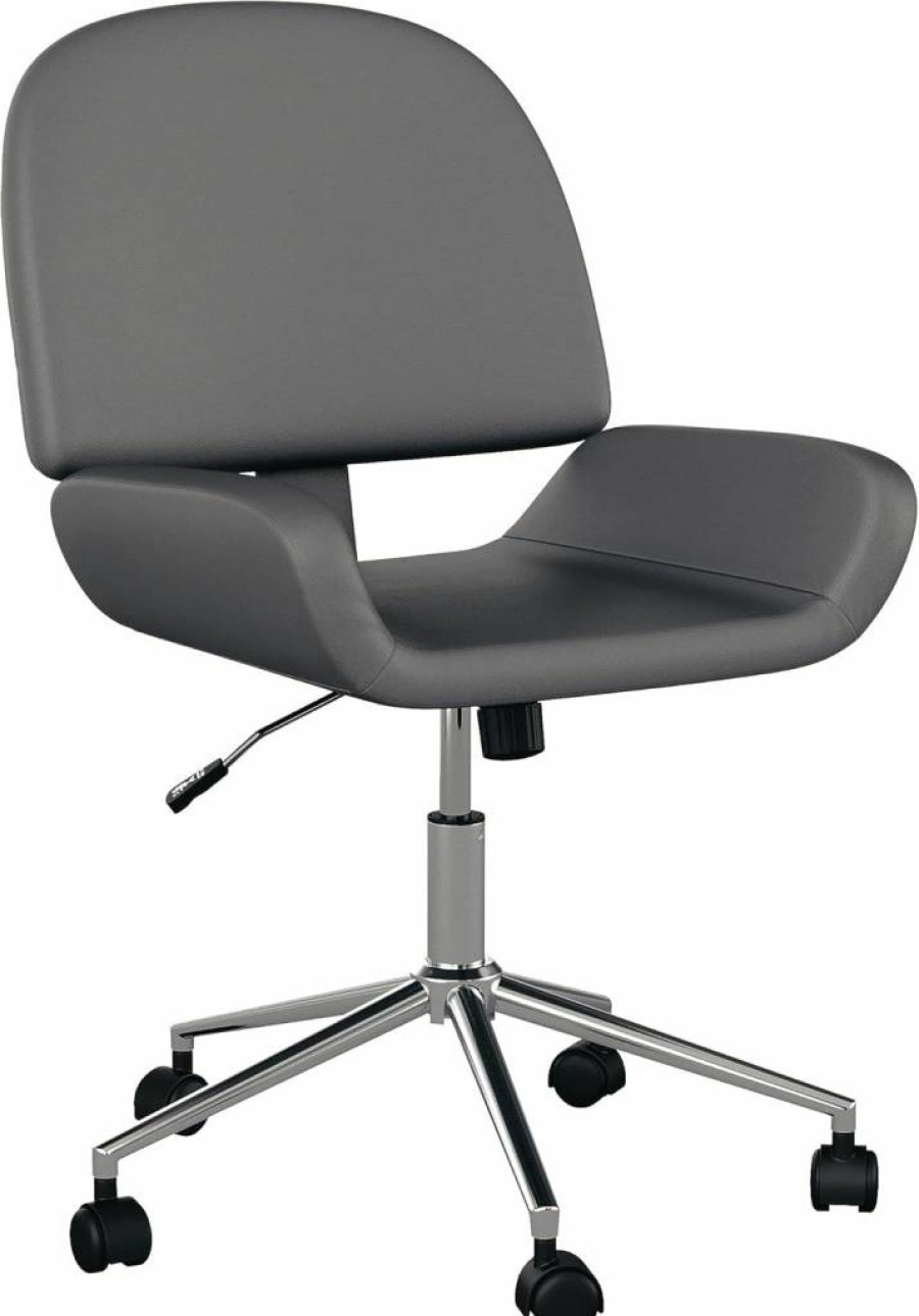 Martha Stewart Gray Faux Leather Tyla Swivel Office Chair with Polished Nickel Frame – Armless Task Chair for Home Workspace