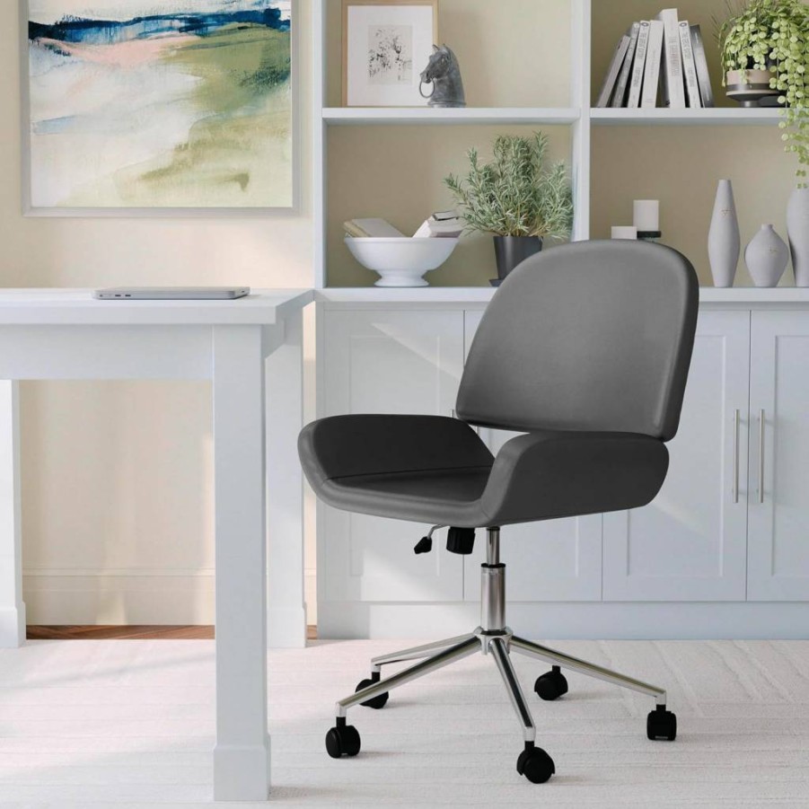 Martha Stewart Gray Faux Leather Tyla Swivel Office Chair with Polished Nickel Frame – Armless Task Chair for Home Workspace