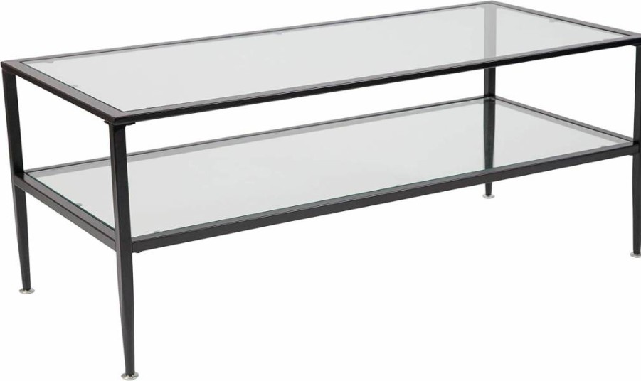 Flash Furniture Newport Black Metal Frame Glass Top Coffee Table - Modern Living Room Center Table