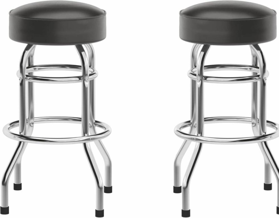 Flash Furniture Bruno Chrome Bar Stool with Black Upholstered Seat and Footrest - Backless Double Ring Barstool
