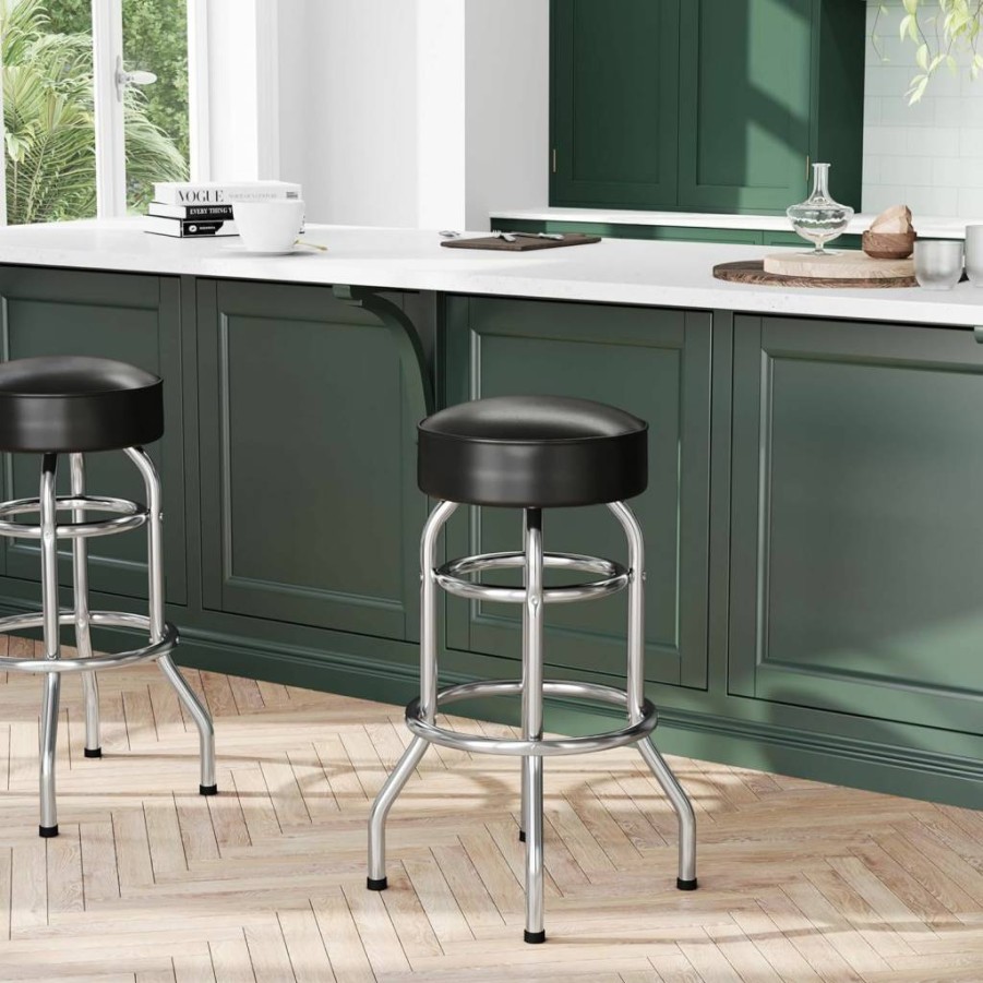 Flash Furniture Bruno Chrome Bar Stool with Black Upholstered Seat and Footrest - Backless Double Ring Barstool