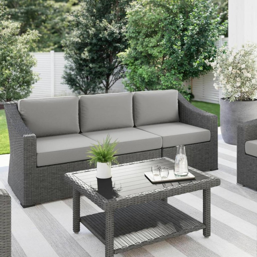 Martha Stewart Bedford 3-Seater Modular Patio Sofa with Rattan Wicker Finish & Gray All-Weather Cushions for Indoor-Outdoor Use