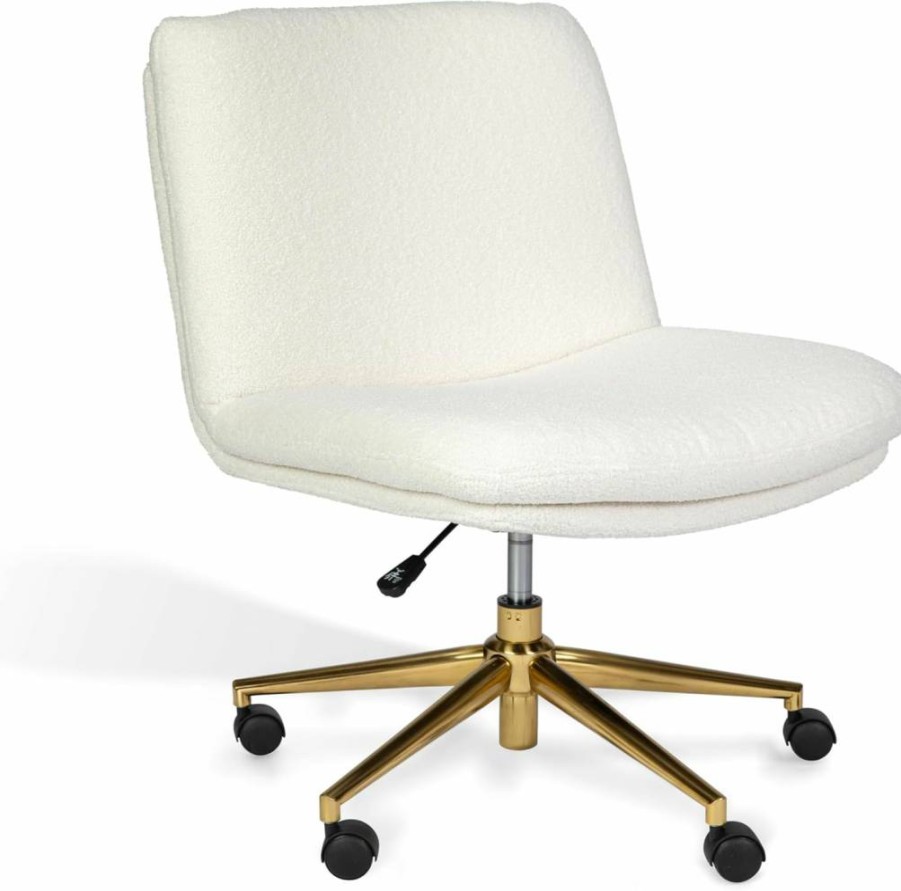 Martha Stewart Eloise Swivel Office Chair - Wide Seat Grey Fabric & Polished Nickel Frame for Home Workspace