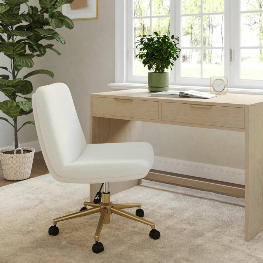 Martha Stewart Eloise Swivel Office Chair - Wide Seat Grey Fabric & Polished Nickel Frame for Home Workspace