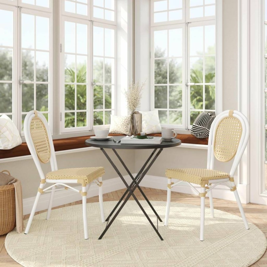 Flash Furniture Cannes Stackable Bistro Chairs Set of 2 - Black Metal Frame with Natural Rattan Seat - Indoor Outdoor Dining Chairs Commercial Use