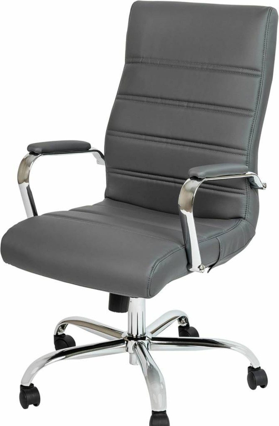 Flash Furniture Whitney White/Gold Leathersoft Mid-Back Swivel Office Chair with Adjustable Height, Padded Seat & Armrests, 27D x 26W x 43H