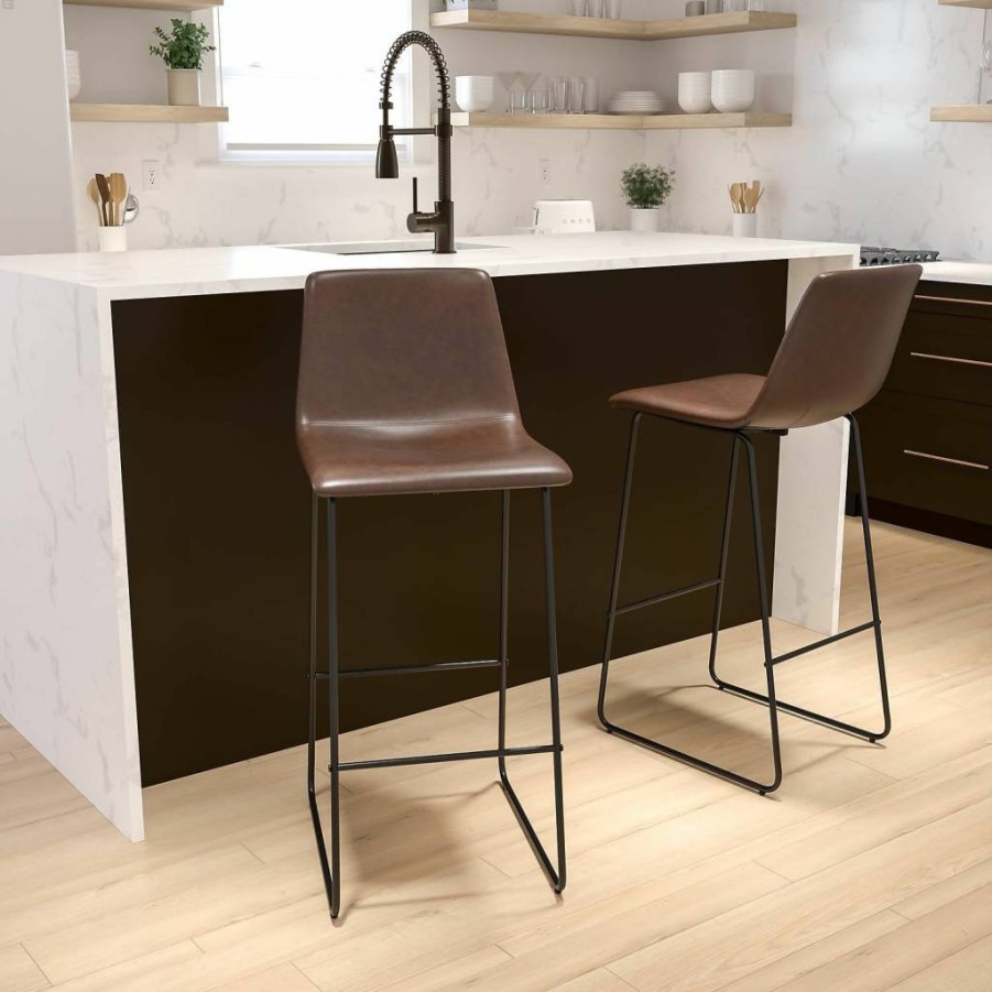 Flash Furniture Reagan 24" Counter Height Stools Set of 2 - Light Gray Leathersoft Bucket Chairs with Footrest, Mid-Century Modern Style