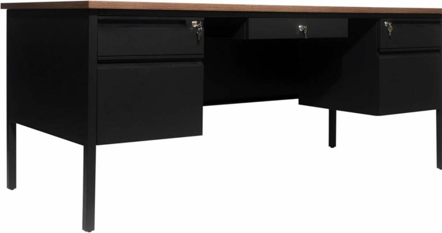 Flash Furniture Cambridge 30"x70" Double Pedestal Office Desk with 5 Locking Drawers, Commercial Grade Metal Frame Teacher Desk in White Oak/Black Finish