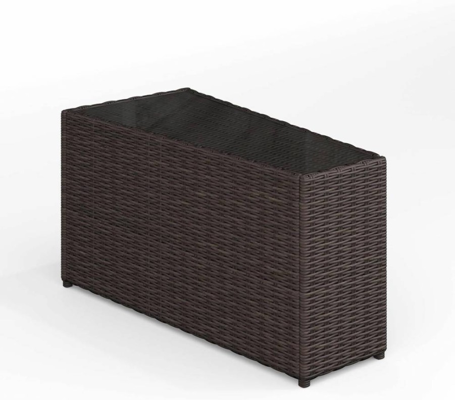 Martha Stewart Gray Rattan Wicker Side Table with Tempered Glass Top for Indoor and Outdoor Use