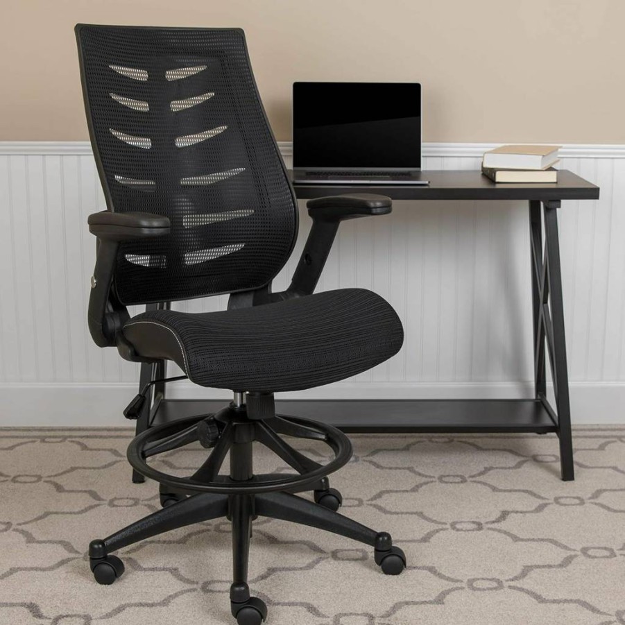 Flash Furniture Kale High-Back Ergonomic Office Chair with Adjustable Lumbar Support, Flip-Up Arms, Mesh Back & Seat, Swivel Base, and Foot Ring - Black Executive Chair for Comfort & Spine Alignment